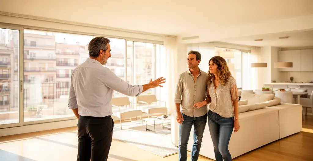 Agente inmobiliario profesional mostrando salón luminoso a compradores en Madrid