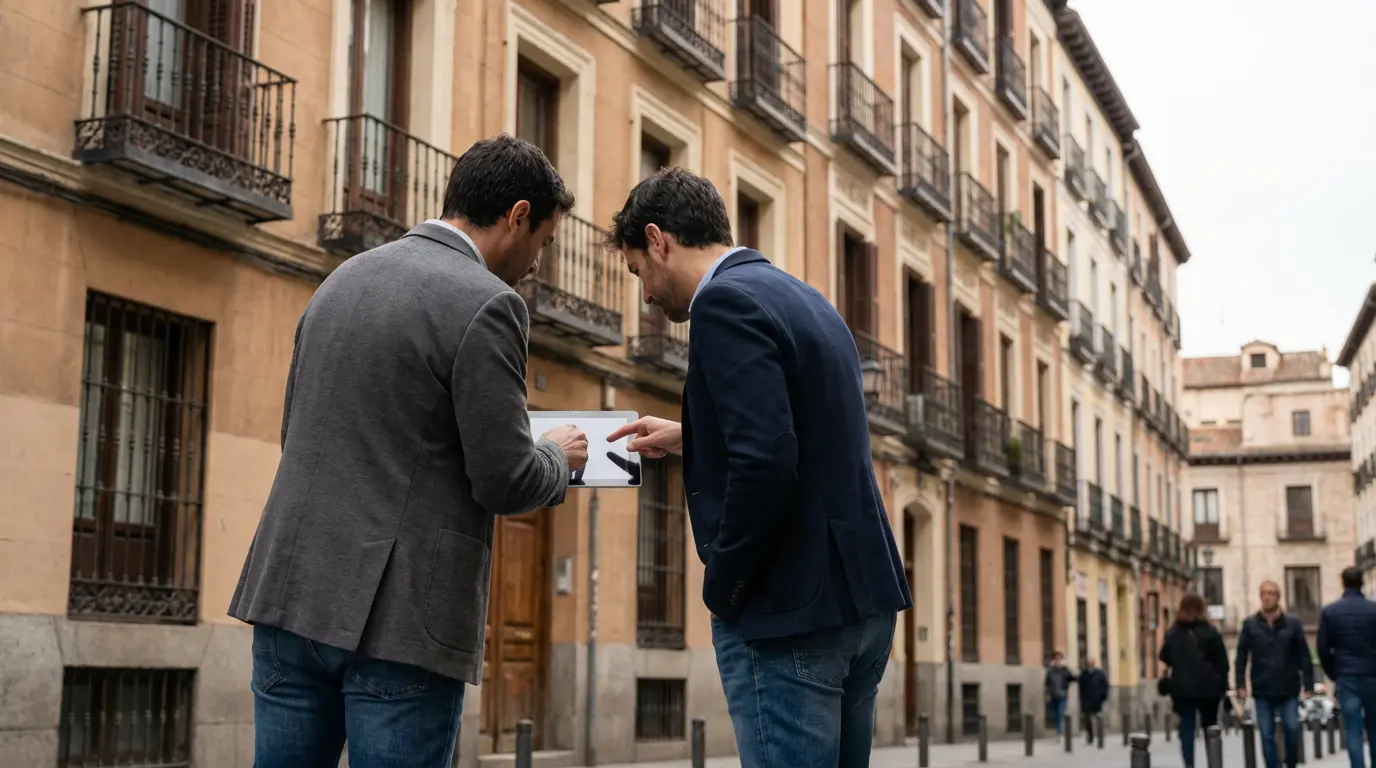 Pareja española consultando información inmobiliaria frente a edificio residencial en Madrid