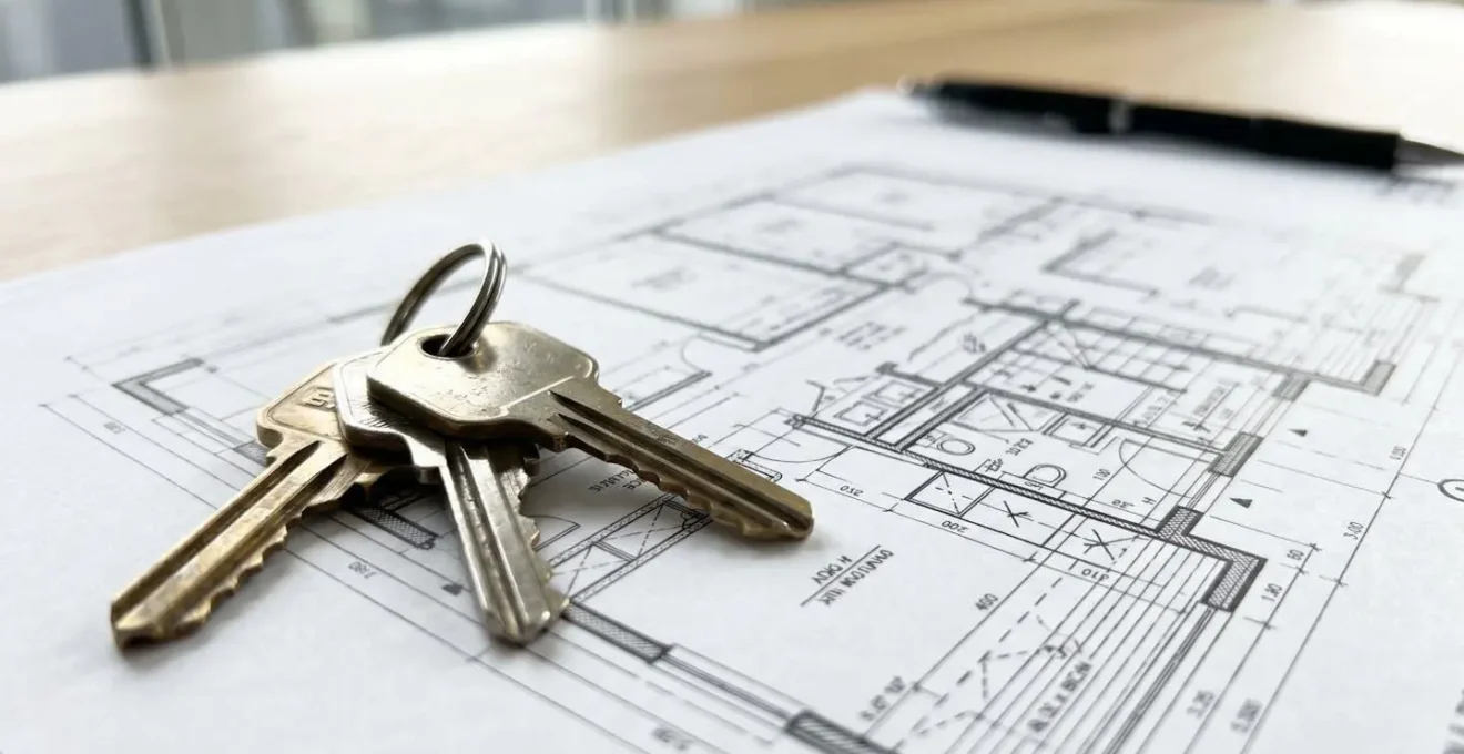 Llaves de vivienda sobre un plano arquitectónico con detalles técnicos borrosos en una superficie de madera clara