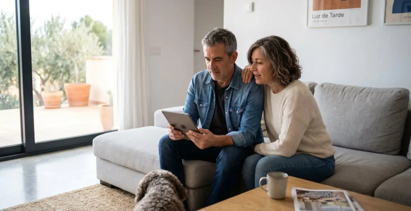 Una pareja de mediana edad consulta información en una tableta sentada en un sofá contemporáneo en un salón luminoso con grandes ventanales